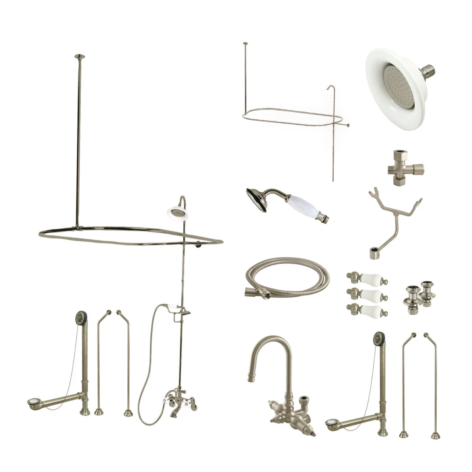 Kingston Heirloom CCK2188PL - Vintage Three-Handle 2-Hole Tub Wall Mount Clawfoot Tub Faucet Package with Shower Enclosure and Hand Shower, Brushed Nickel