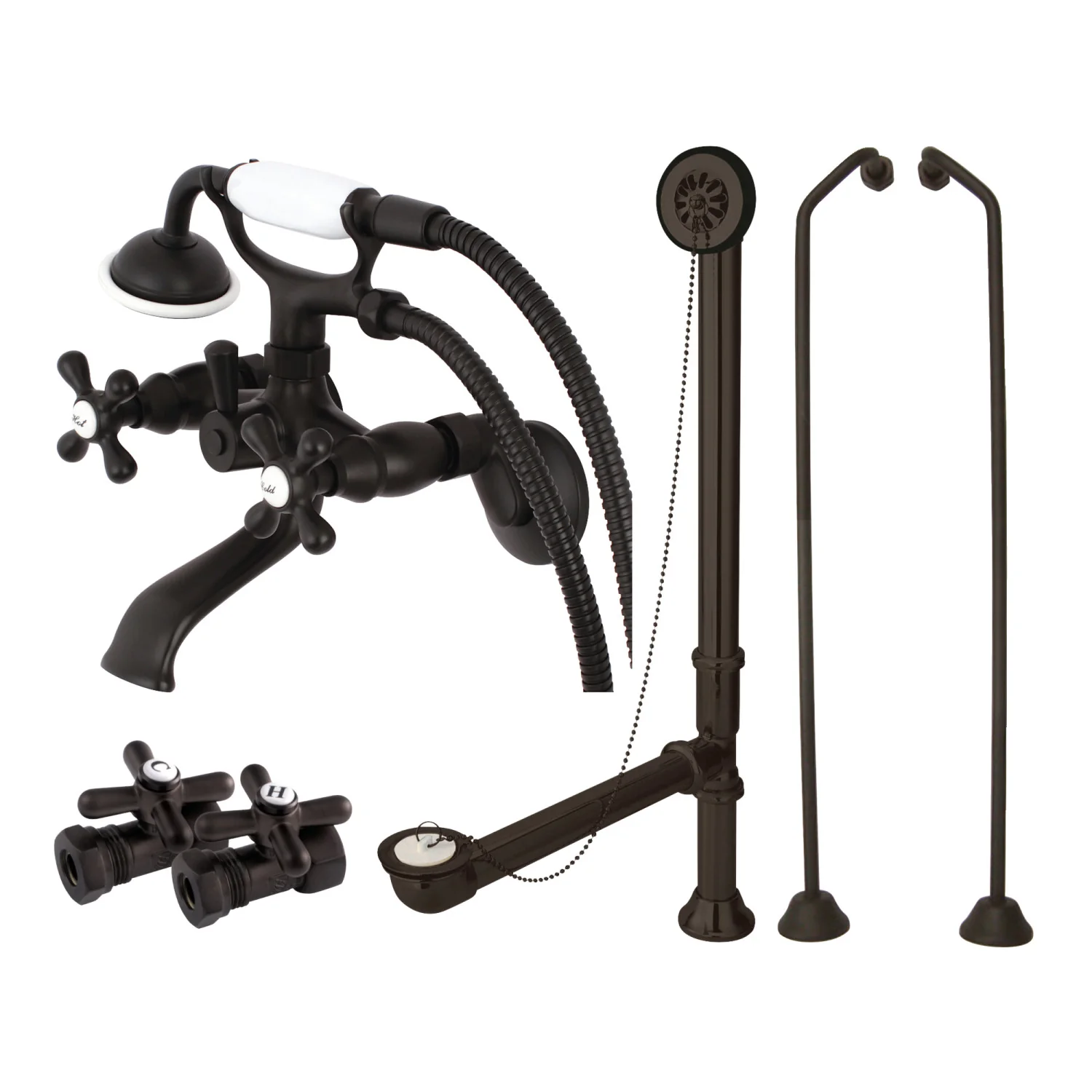 Kingston Heirloom CCK265ORBD - Vintage Two-Handle 2-Hole Tub Wall Mount Clawfoot Tub Faucet Package with Supply Line, Hand Shower and Tub Drain, Oil Rubbed Bronze