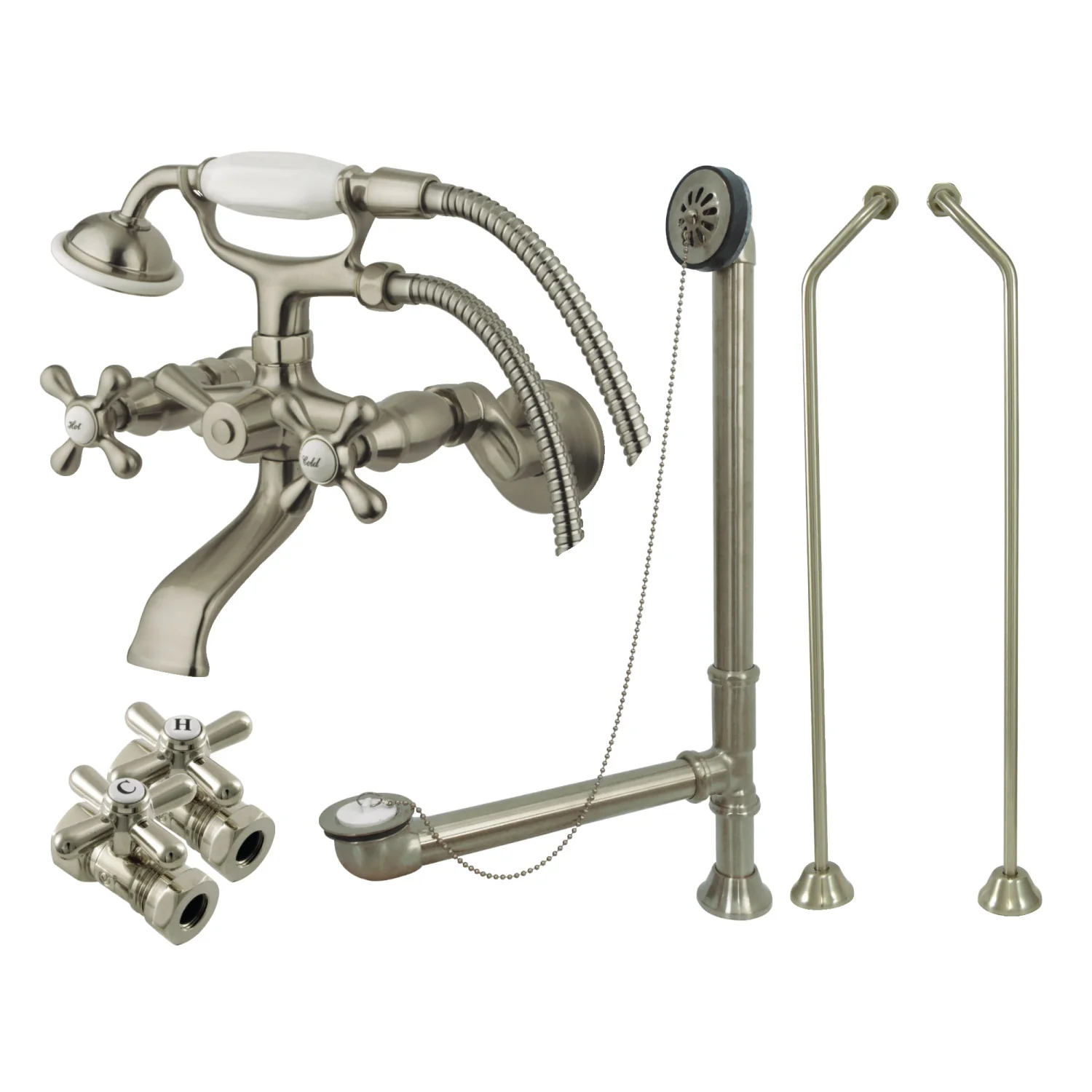 Kingston Heirloom CCK265SND - Vintage Two-Handle 2-Hole Tub Wall Mount Clawfoot Tub Faucet Package with Supply Line, Hand Shower and Tub Drain, Brushed Nickel