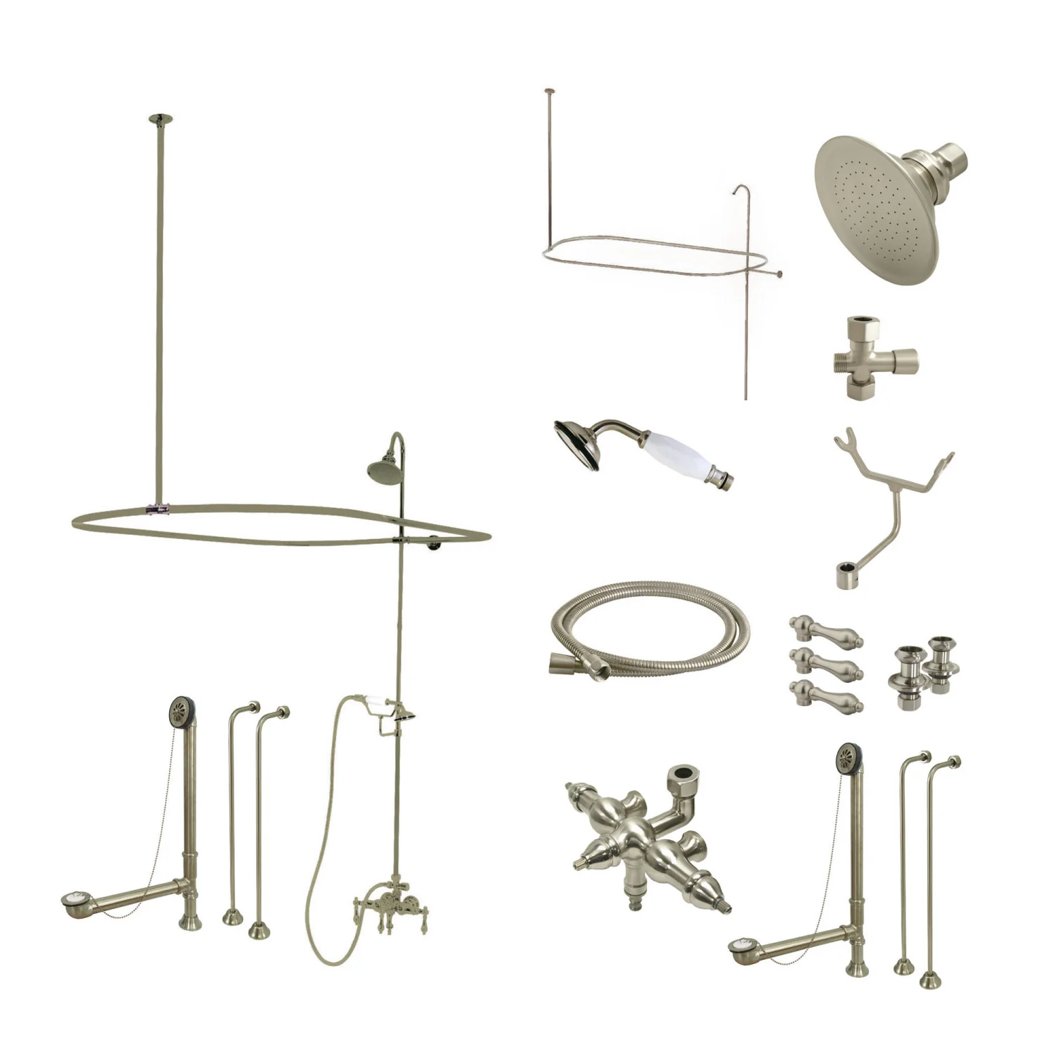 Kingston Heirloom CCK3148AL - Vintage Three-Handle 2-Hole Tub Wall Mount Clawfoot Tub Faucet Package with Shower Enclosure and Hand Shower, Brushed Nickel