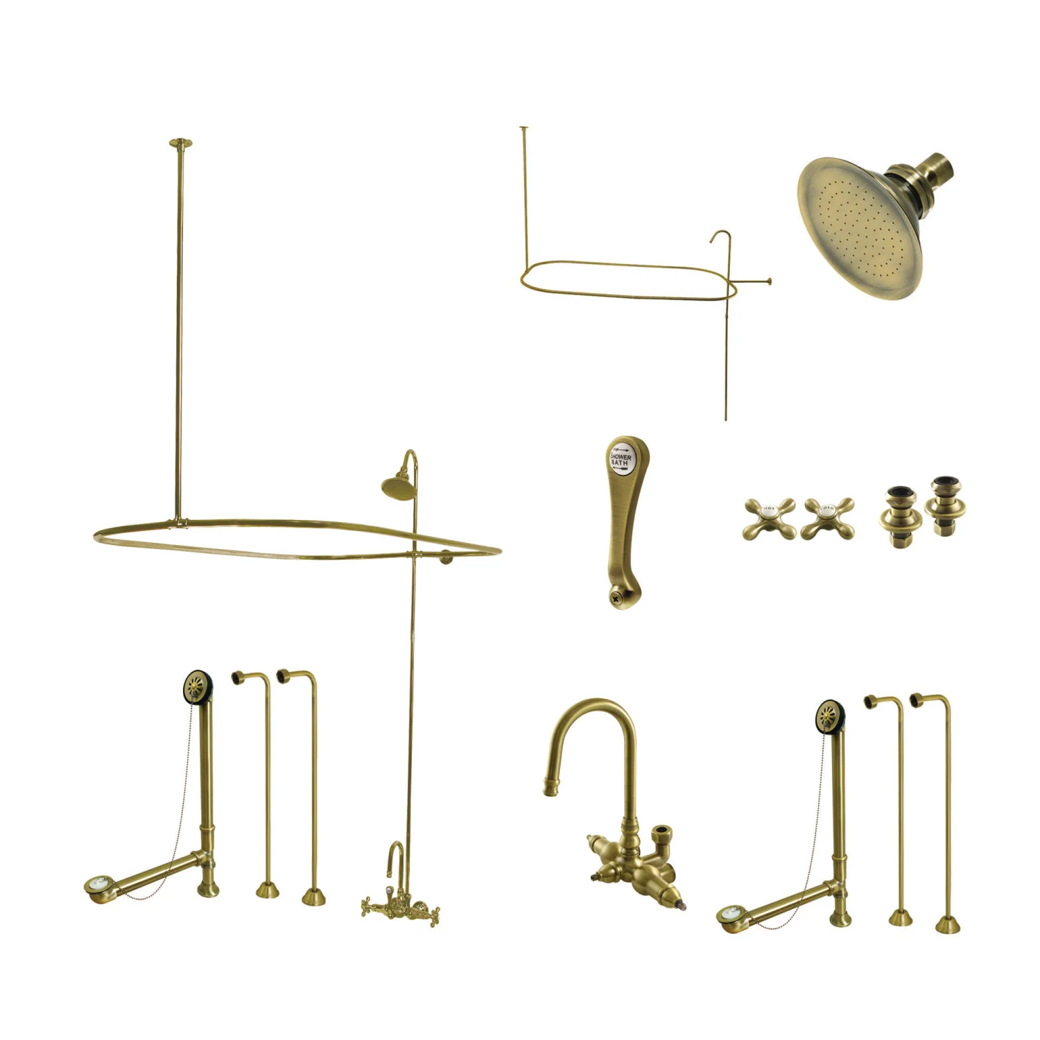 Kingston Heirloom CCK4143AX - Vintage Three-Handle 2-Hole Tub Wall Mount Clawfoot Tub Faucet Package with Shower Enclosure, Antique Brass