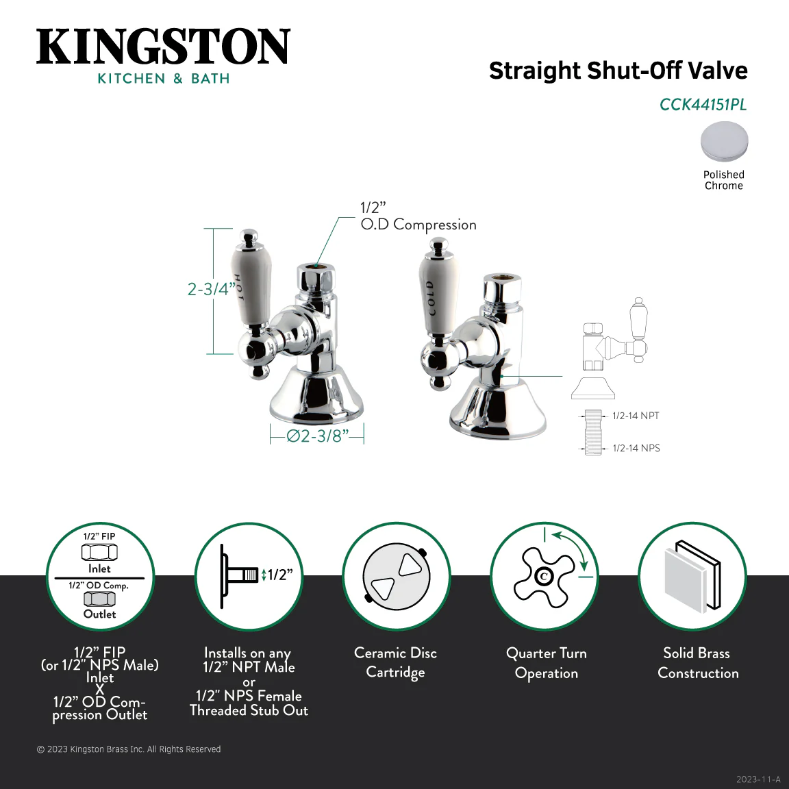 Kingston Heirloom CCK44151PL - Trimscape 1/2-Inch FIP x 1/2-Inch O.D. Comp Quarter-Turn Straight Shut-Off Valve, Polished Chrome - Image 3