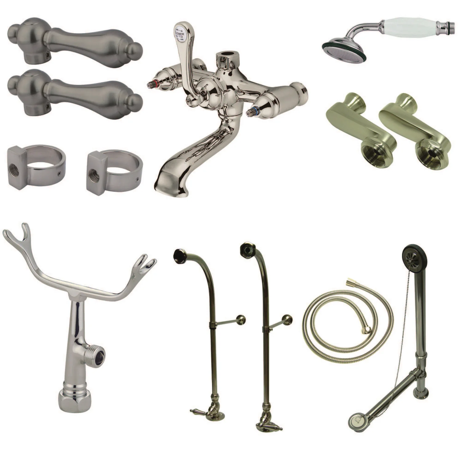 Kingston Heirloom CCK5108AL - Vintage Two-Handle 2-Hole Freestanding Clawfoot Tub Faucet Package with Supply Line, Hand Shower and Tub Drain, Brushed Nickel