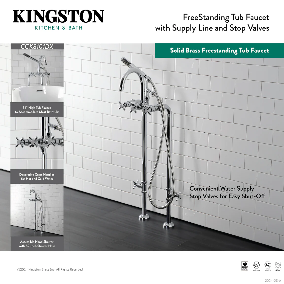 Kingston Sona CCK8107DX - Concord Freestanding Tub Faucet with Supply Line and Stop Valve, Brushed Brass - Image 9
