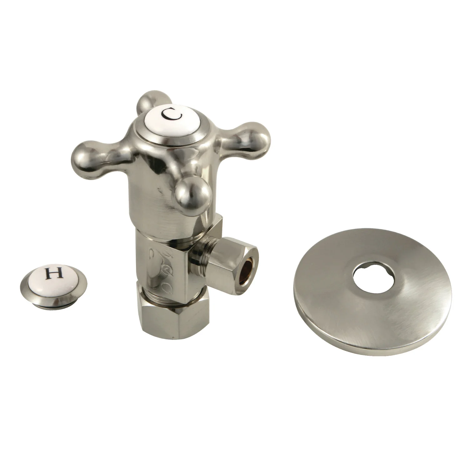 Kingston Heirloom CD53308BXK 5/8-Inch O.D. Comp x 3/8-Inch O.D. Comp Anti-Seize Deluxe Quarter-Turn Ceramic Hardisc Cartridge Angle Stop with Flange, Brushed Nickel