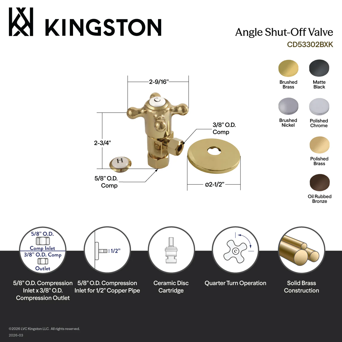 Kingston Heirloom CD53308BXK 5/8-Inch O.D. Comp x 3/8-Inch O.D. Comp Anti-Seize Deluxe Quarter-Turn Ceramic Hardisc Cartridge Angle Stop with Flange, Brushed Nickel - Image 2