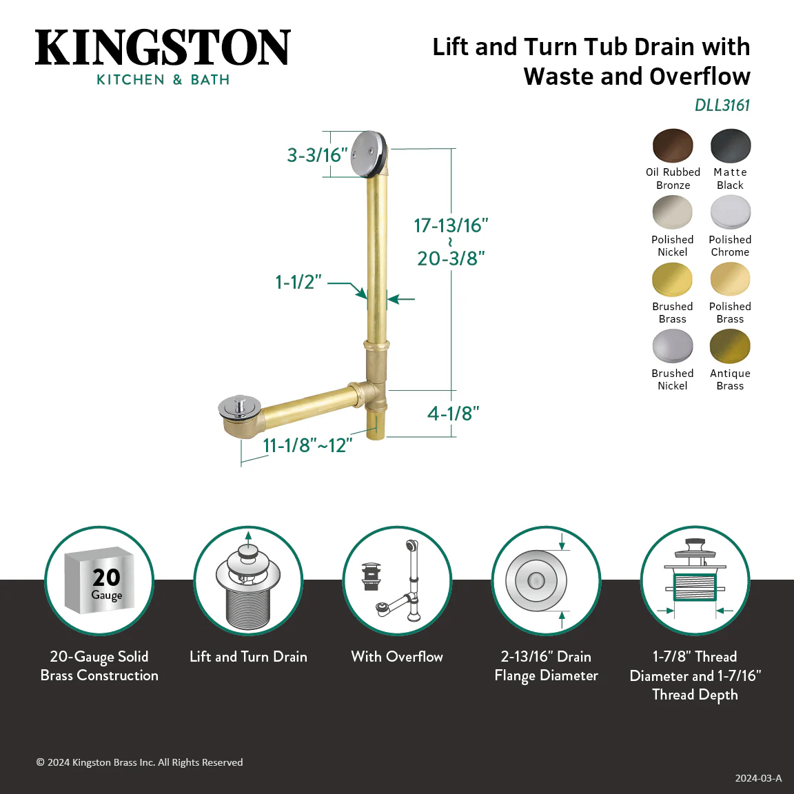 Kingston Heirloom DLL3166 - Made To Match 21-Inch Brass Lift and Turn Tub Waste and Overflow, Polished Nickel - Image 2
