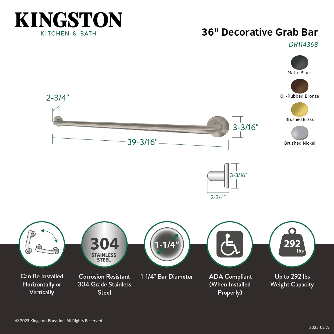 Kingston Tulare DR114368 - Americana 36-Inch x 1-1/4-Inch O.D. Stainless Steel Decorative Grab Bar, Brushed Nickel - Image 2