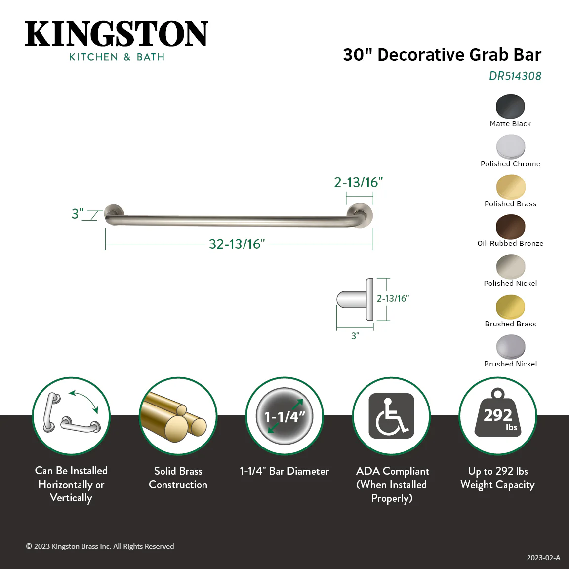 Kingston Sona DR514306 - Meridian 30-Inch x 1-1/4-Inch O.D. Brass ADA Grab Bar, Polished Nickel - Image 2