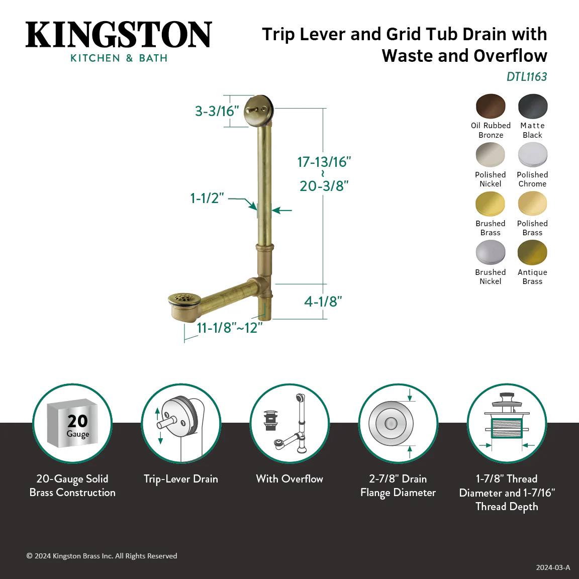 Kingston Tulare DTL1167 - Made To Match 21-Inch Brass Trip Lever Tub Waste and Overflow with Grid Strainer, Brushed Brass - Image 2