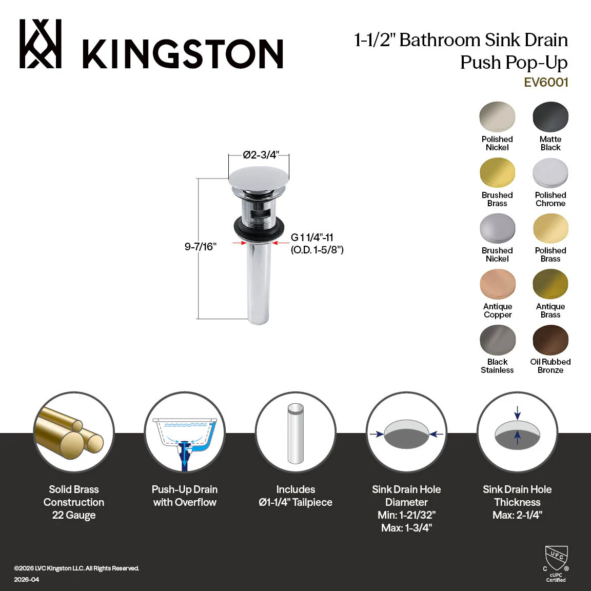 Kingston Sona EV600VN - Trimscape Brass Push Pop-Up Bathroom Sink Drain with Overflow, 22 Gauge, Black Stainless - Image 2