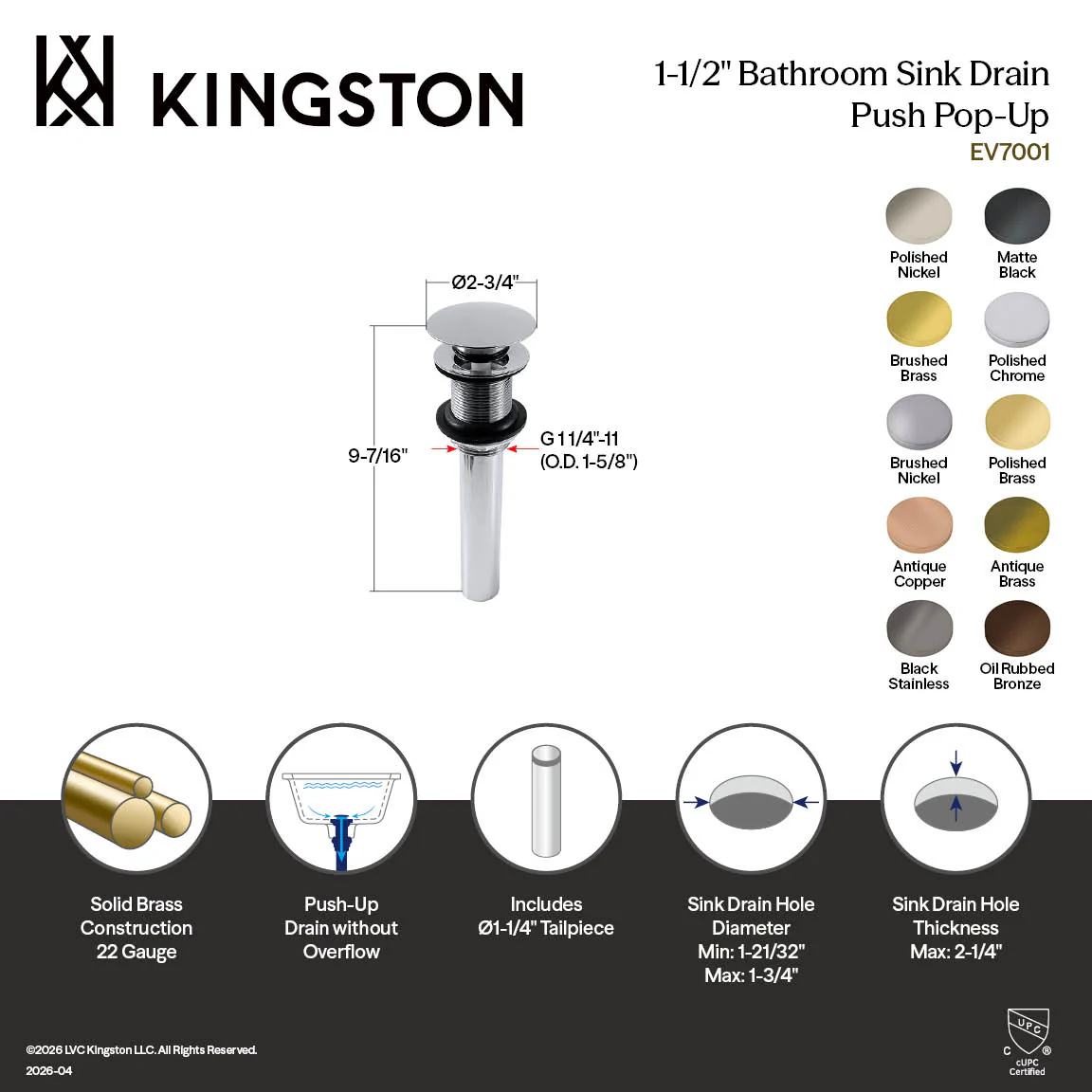 Kingston Sona EV700VN - Trimscape Brass Push Pop-Up Bathroom Sink Drain without Overflow, 22 Gauge, Black Stainless - Image 2