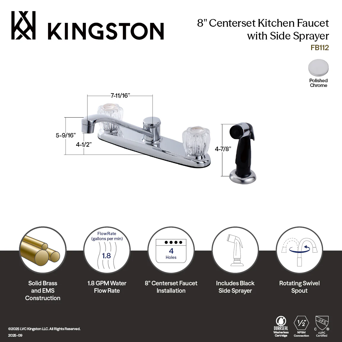 Kingston Tulare FB112 - Americana Two-Handle 4-Hole 8" Centerset Kitchen Faucet with Side Sprayer, Polished Chrome - Image 3