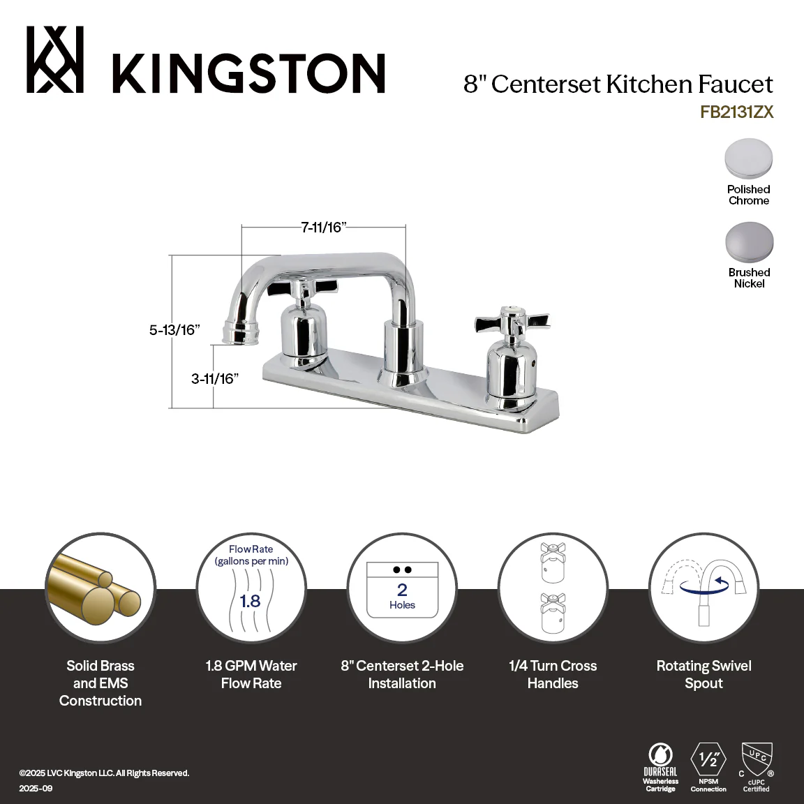Kingston Tulare FB2131ZX - Millennium Two-Handle 2-Hole 8" Centerset Kitchen Faucet, Polished Chrome - Image 5