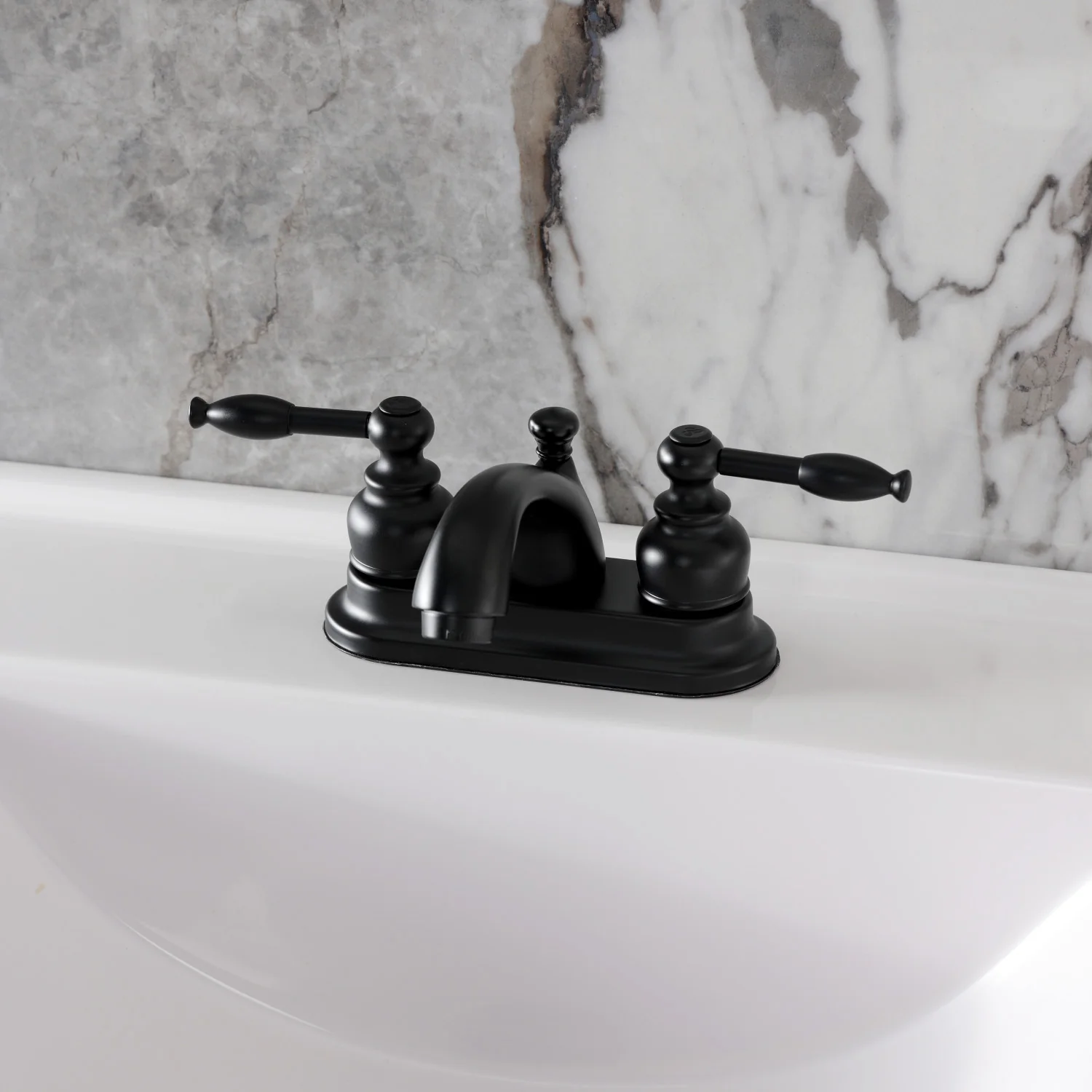 Kingston Tulare FB2600KL - Knight Double-Handle 3-Hole Deck Mount 4-Inch Centerset Bathroom Faucet with Pop-Up Drain, Matte Black - Image 2
