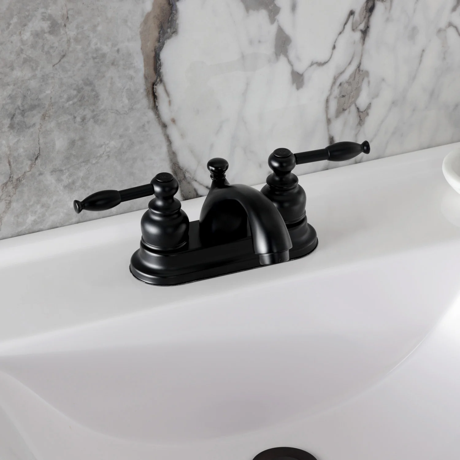 Kingston Tulare FB2600KL - Knight Double-Handle 3-Hole Deck Mount 4-Inch Centerset Bathroom Faucet with Pop-Up Drain, Matte Black - Image 4