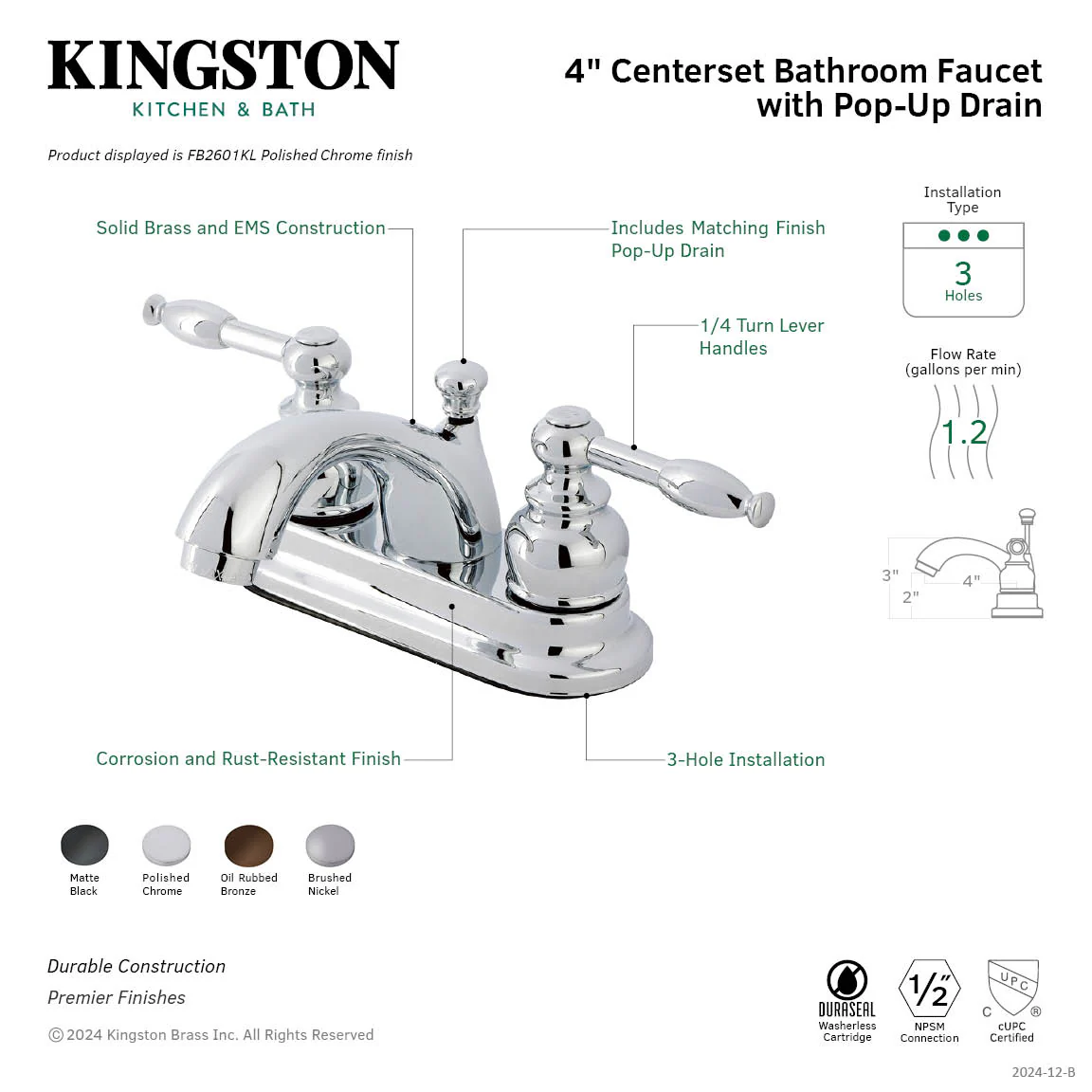 Kingston Tulare FB2600KL - Knight Double-Handle 3-Hole Deck Mount 4-Inch Centerset Bathroom Faucet with Pop-Up Drain, Matte Black - Image 8