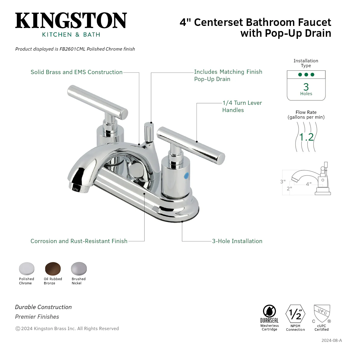 Kingston Tulare FB2605CML - Manhattan Double-Handle 3-Hole Deck Mount 4-Inch Centerset Bathroom Faucet with Pop-Up Drain, Oil Rubbed Bronze - Image 8