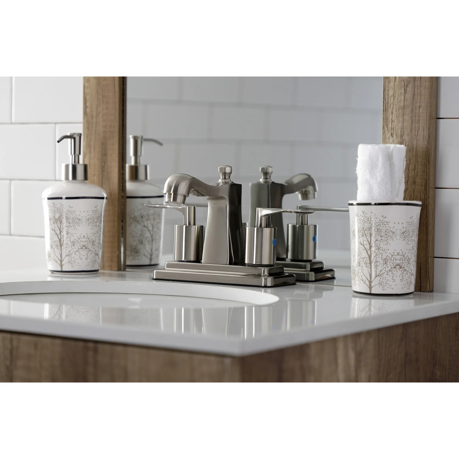 Kingston Tulare FB4648SVL - Serena Double-Handle 3-Hole Deck Mount 4-Inch Centerset Bathroom Faucet with Pop-Up Drain, Brushed Nickel - Image 3
