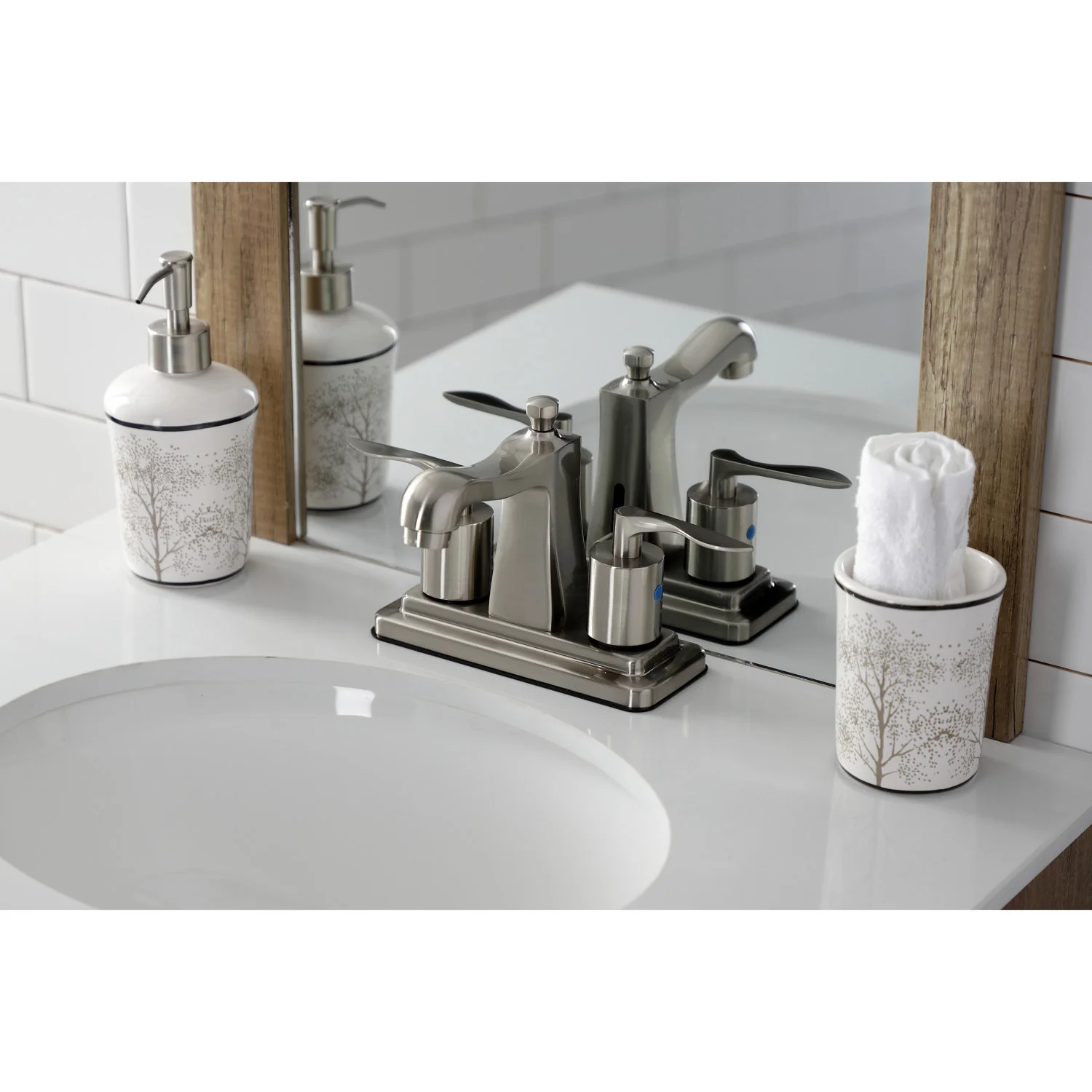 Kingston Tulare FB4648SVL - Serena Double-Handle 3-Hole Deck Mount 4-Inch Centerset Bathroom Faucet with Pop-Up Drain, Brushed Nickel - Image 6