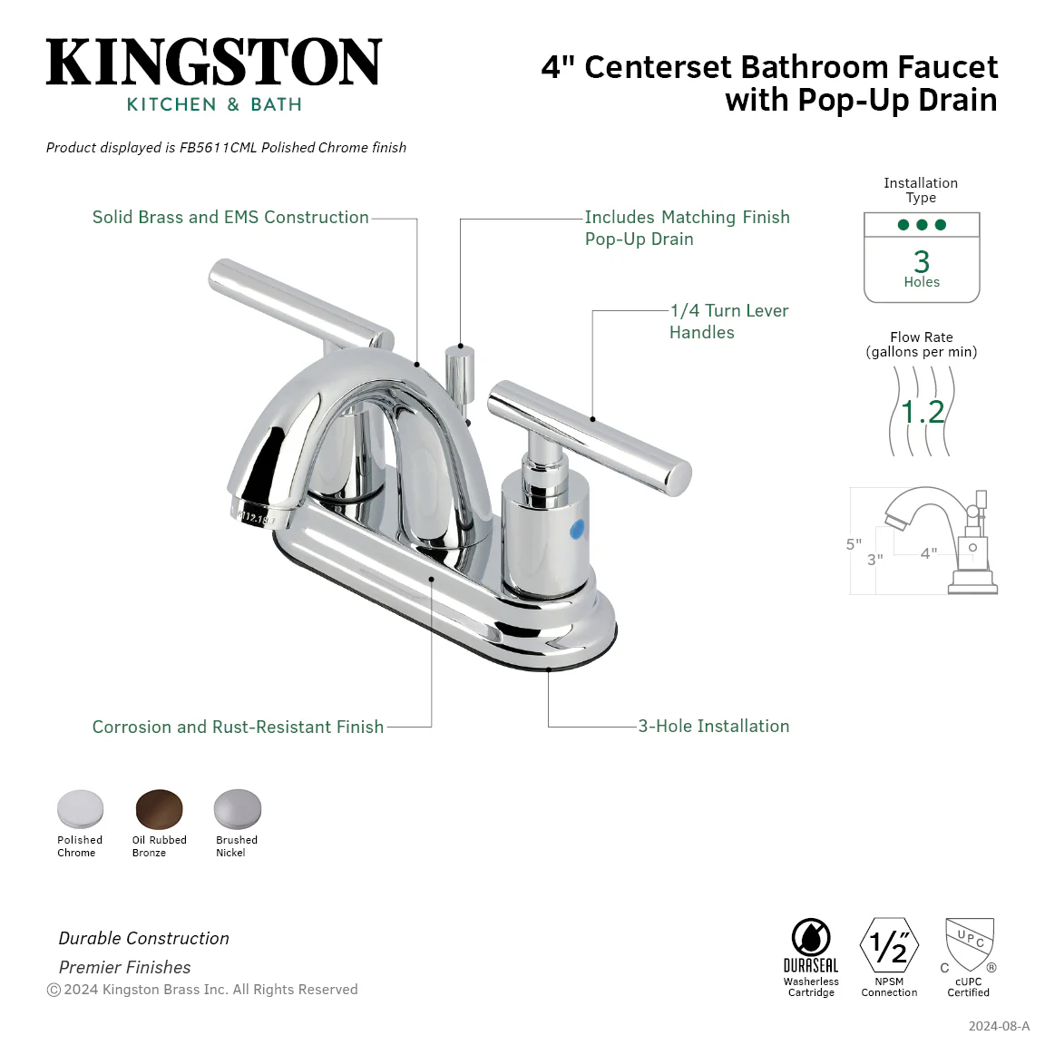 Kingston Tulare FB5611CML - Manhattan Double-Handle 3-Hole Deck Mount 4-Inch Centerset Bathroom Faucet with Pop-Up Drain, Polished Chrome - Image 8