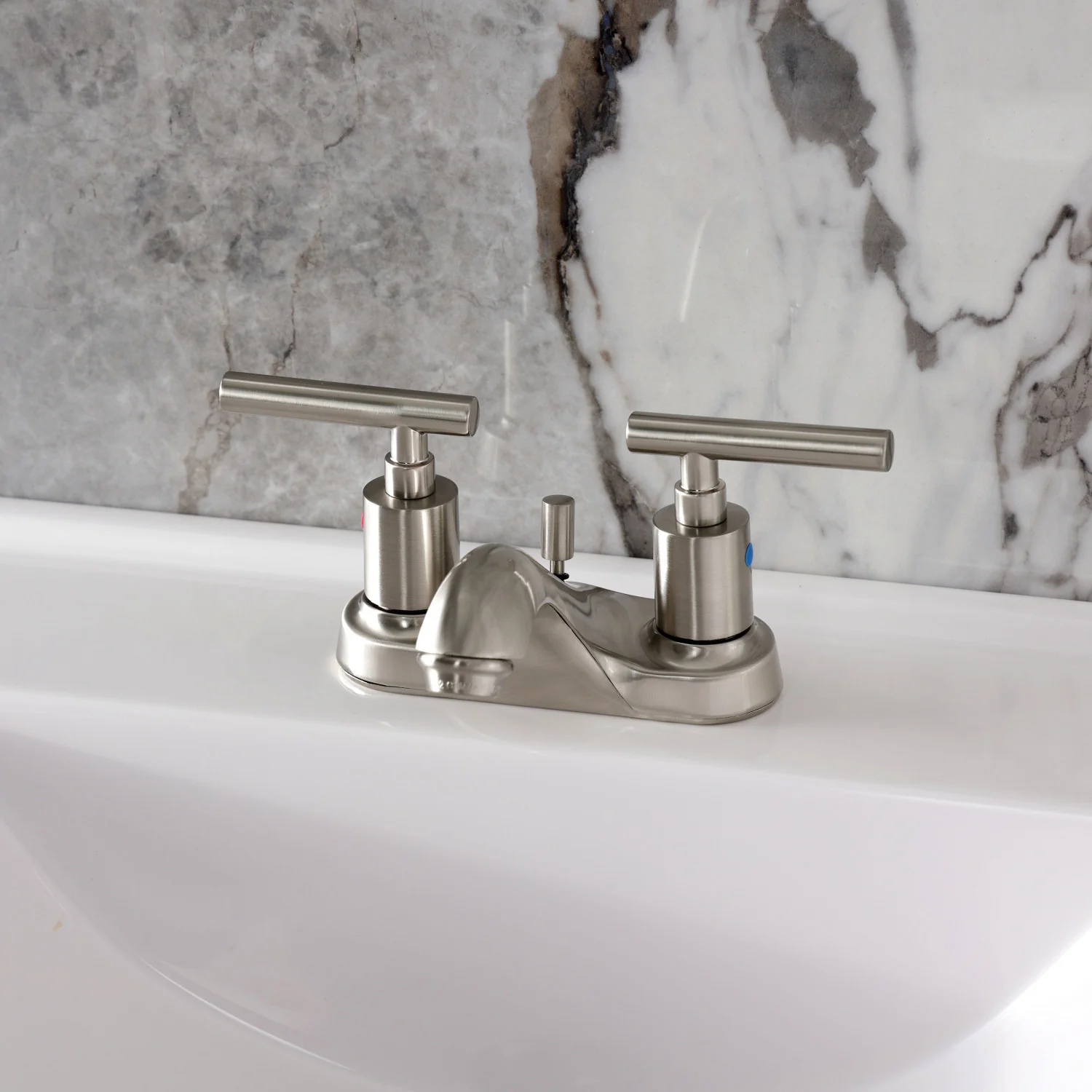 Kingston Tulare FB5628CML - Manhattan Double-Handle 3-Hole Deck Mount 4-Inch Centerset Bathroom Faucet with Pop-Up Drain, Brushed Nickel - Image 2