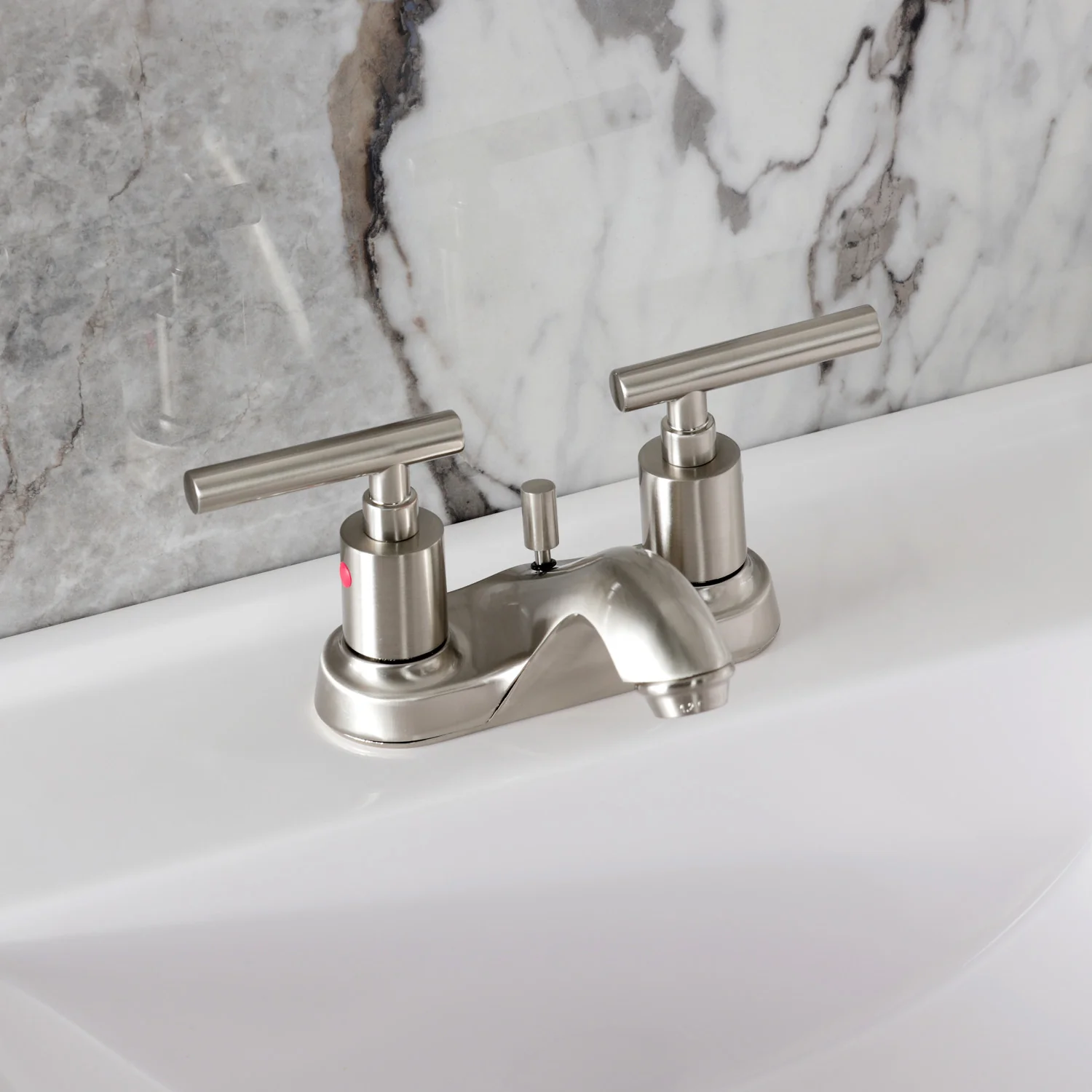Kingston Tulare FB5628CML - Manhattan Double-Handle 3-Hole Deck Mount 4-Inch Centerset Bathroom Faucet with Pop-Up Drain, Brushed Nickel - Image 4