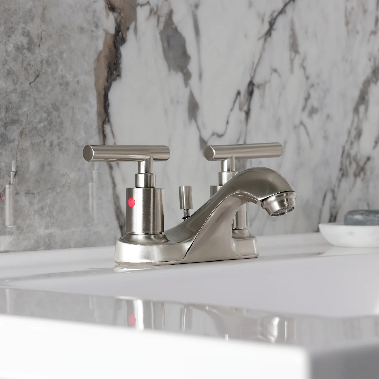 Kingston Tulare FB5628CML - Manhattan Double-Handle 3-Hole Deck Mount 4-Inch Centerset Bathroom Faucet with Pop-Up Drain, Brushed Nickel - Image 5