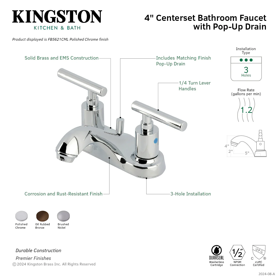 Kingston Tulare FB5628CML - Manhattan Double-Handle 3-Hole Deck Mount 4-Inch Centerset Bathroom Faucet with Pop-Up Drain, Brushed Nickel - Image 8
