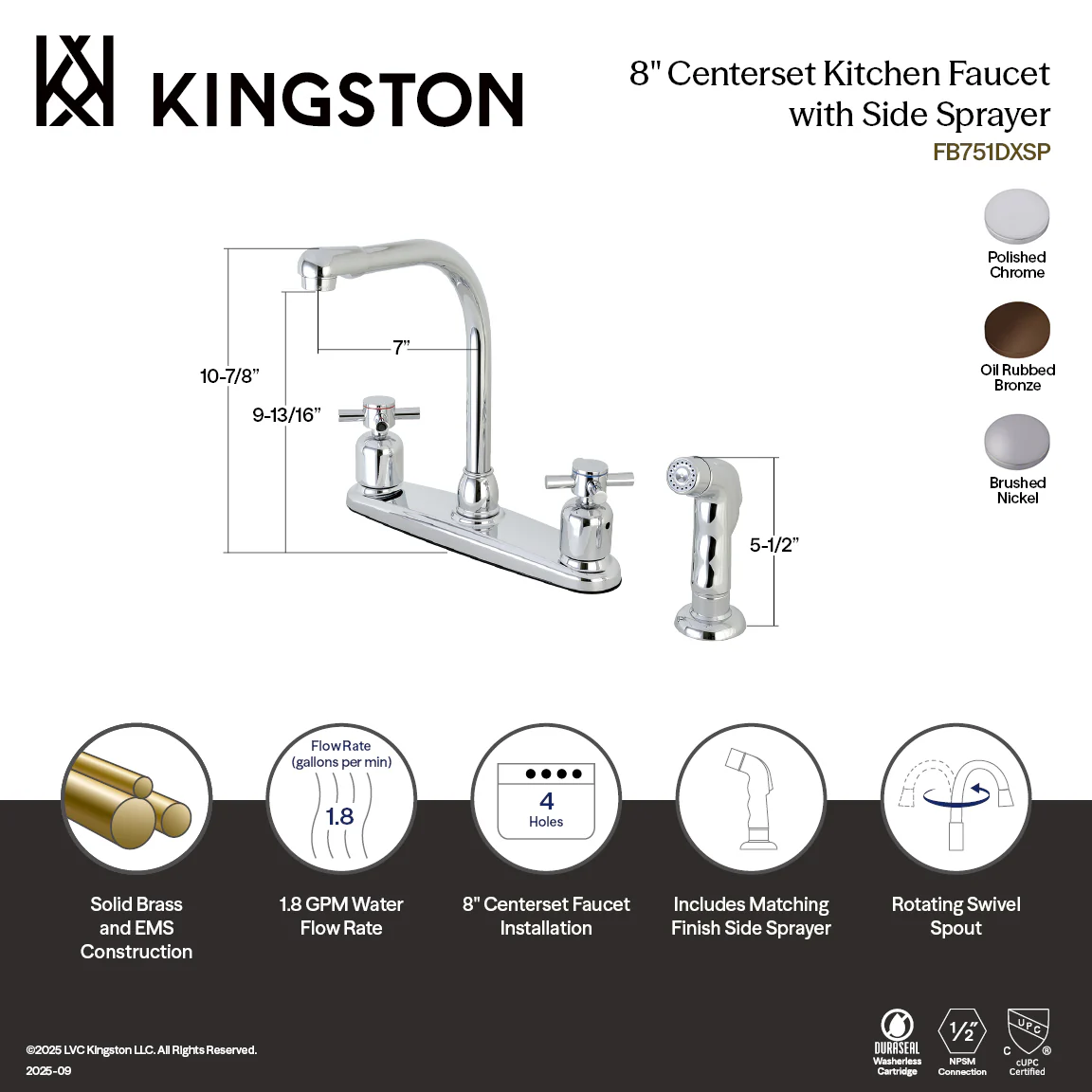 Kingston Tulare FB751DXSP - Concord Two-Handle 4-Hole 8" Centerset Kitchen Faucet with Side Sprayer, Polished Chrome - Image 2