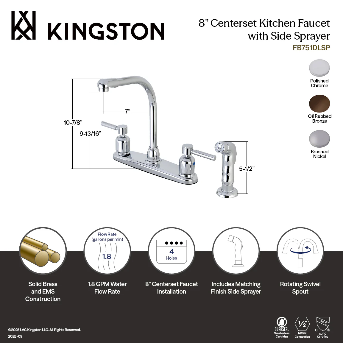 Kingston Tulare FB755DLSP - Concord Two-Handle 4-Hole 8" Centerset Kitchen Faucet with Side Sprayer, Oil Rubbed Bronze - Image 3