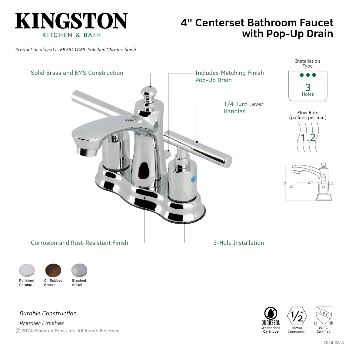 Kingston Tulare FB7615CML - Manhattan Double-Handle 3-Hole Deck Mount 4-Inch Centerset Bathroom Faucet with Pop-Up Drain, Oil Rubbed Bronze - Image 8