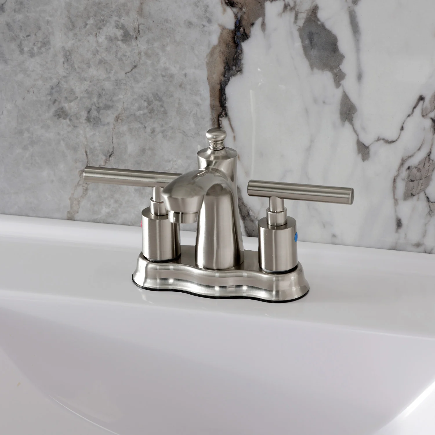 Kingston Tulare FB7618CML - Manhattan Double-Handle 3-Hole Deck Mount 4-Inch Centerset Bathroom Faucet with Pop-Up Drain, Brushed Nickel - Image 2
