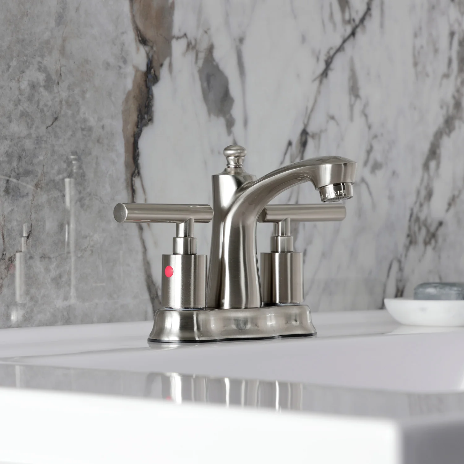 Kingston Tulare FB7618CML - Manhattan Double-Handle 3-Hole Deck Mount 4-Inch Centerset Bathroom Faucet with Pop-Up Drain, Brushed Nickel - Image 5