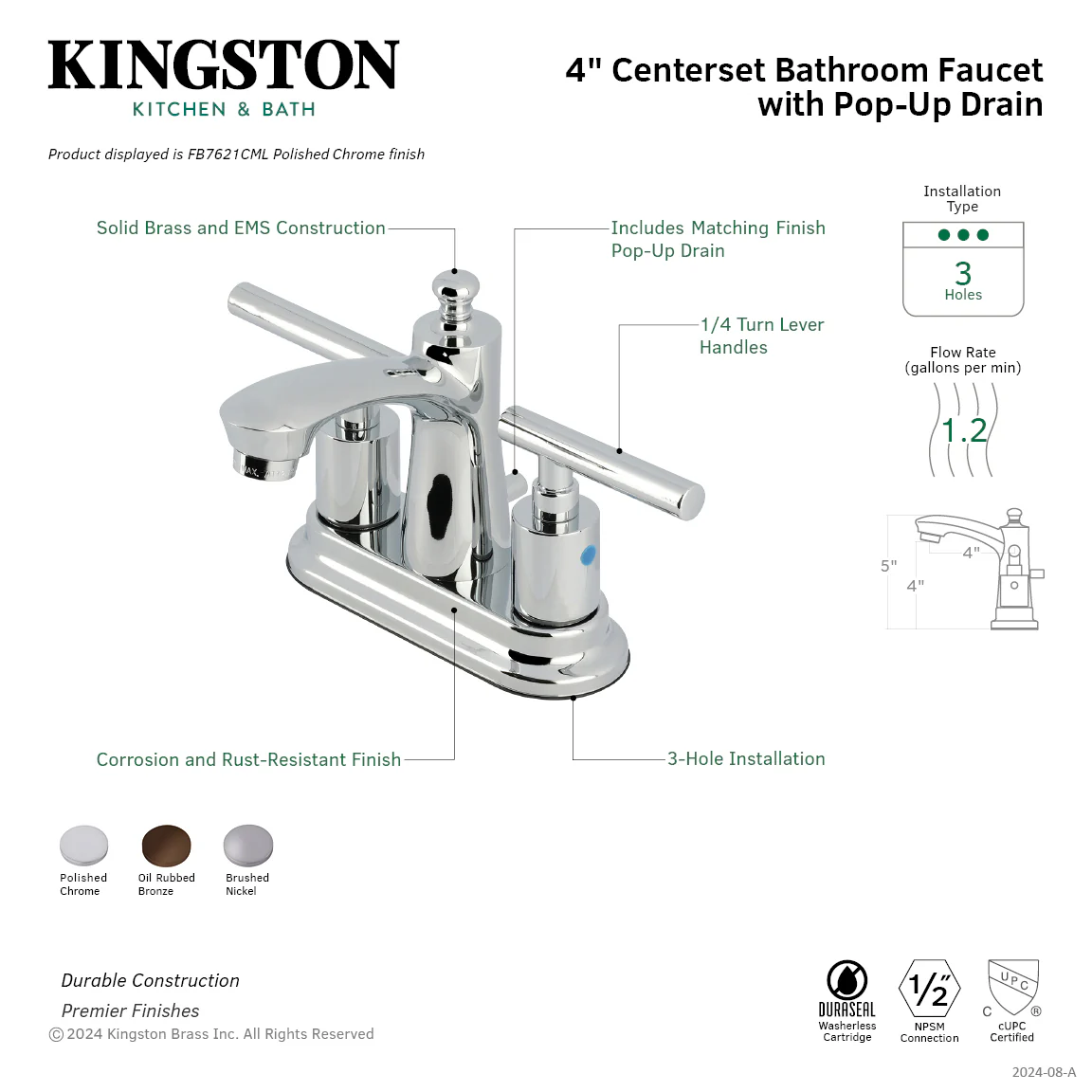 Kingston Tulare FB7625CML - Manhattan Double-Handle 3-Hole Deck Mount 4-Inch Centerset Bathroom Faucet with Pop-Up Drain, Oil Rubbed Bronze - Image 8
