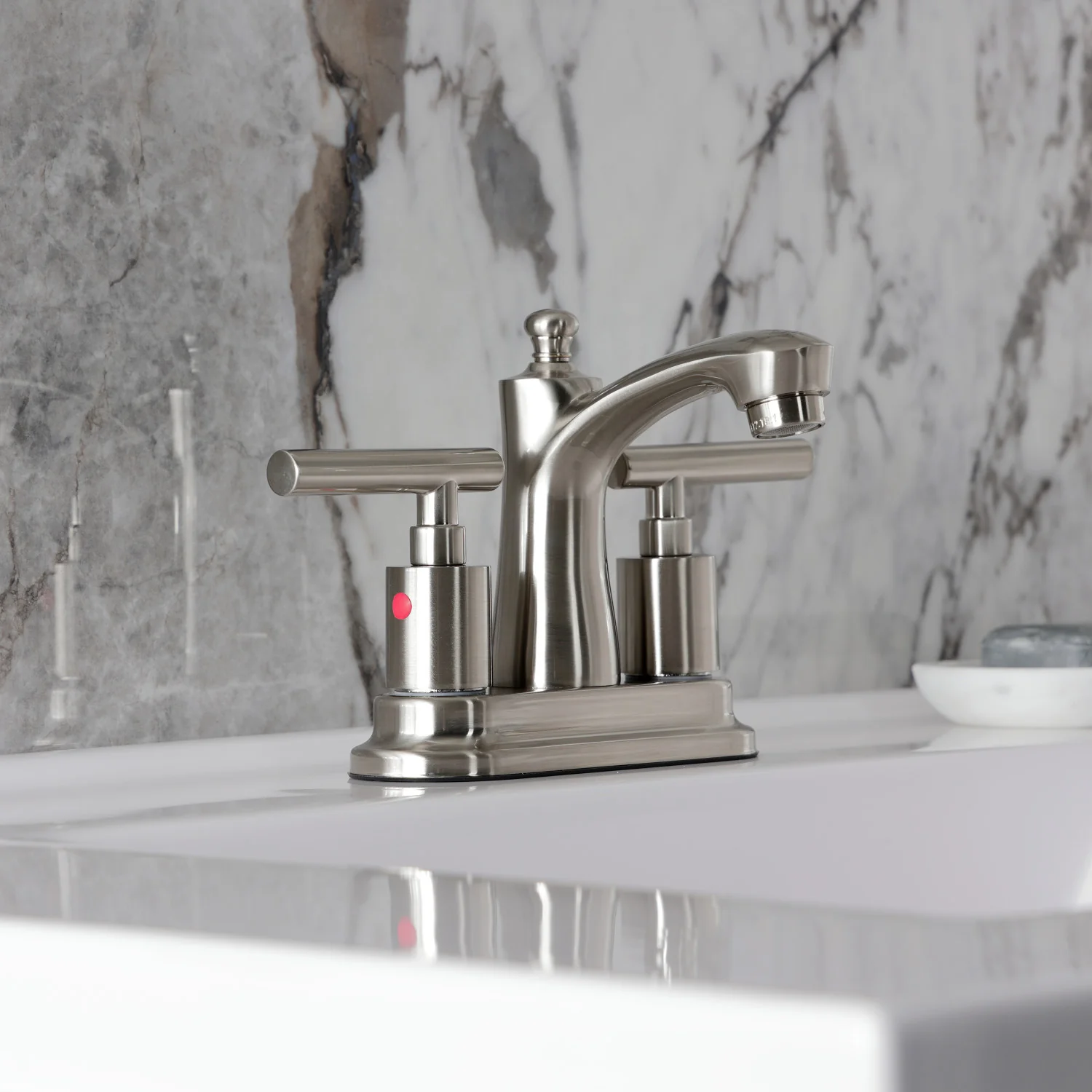 Kingston Tulare FB7628CML - Manhattan Double-Handle 3-Hole Deck Mount 4-Inch Centerset Bathroom Faucet with Pop-Up Drain, Brushed Nickel - Image 5