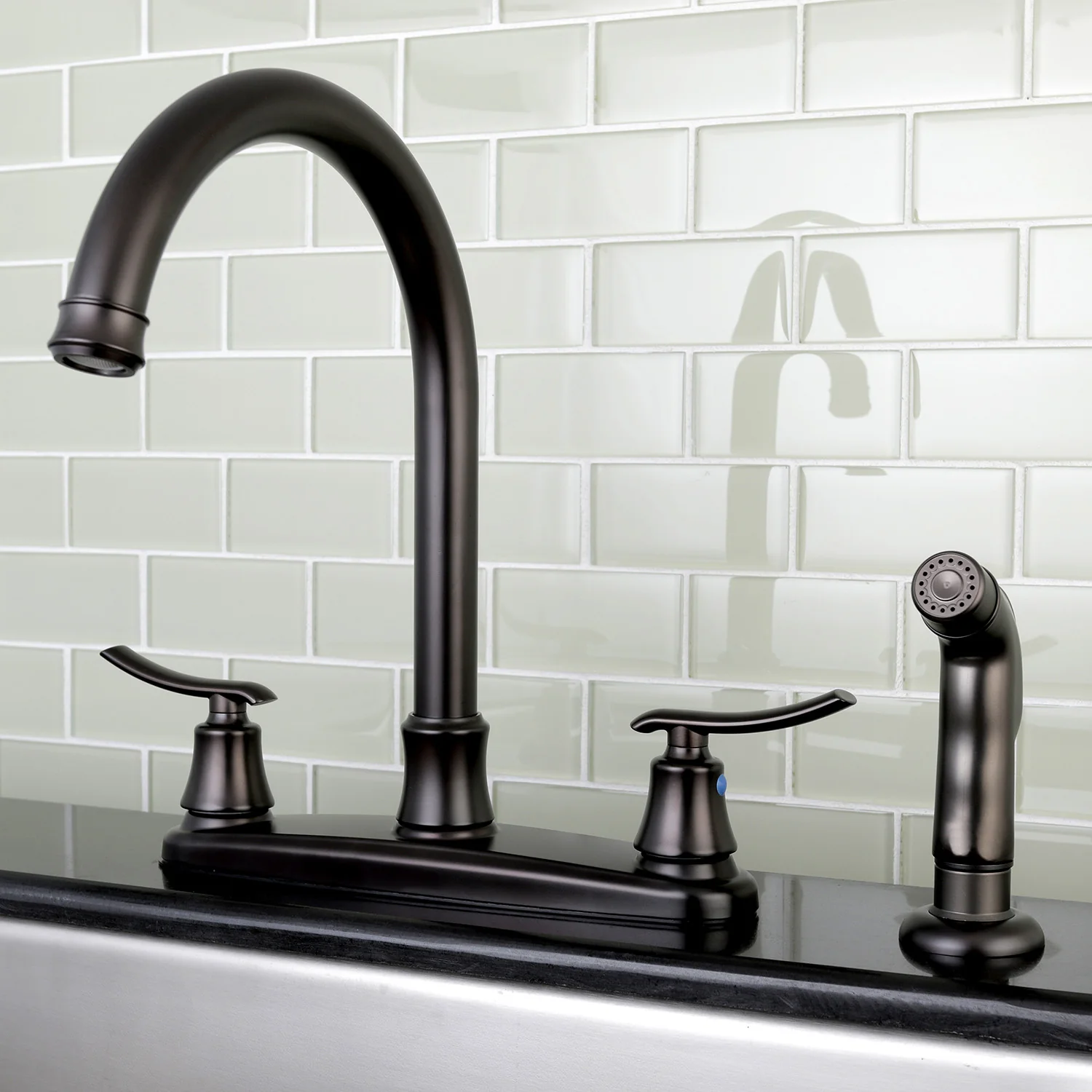 Kingston Tulare FB7795JLSP - Jamestown Two-Handle 4-Hole 8" Centerset Kitchen Faucet with Side Sprayer, Oil Rubbed Bronze - Image 2