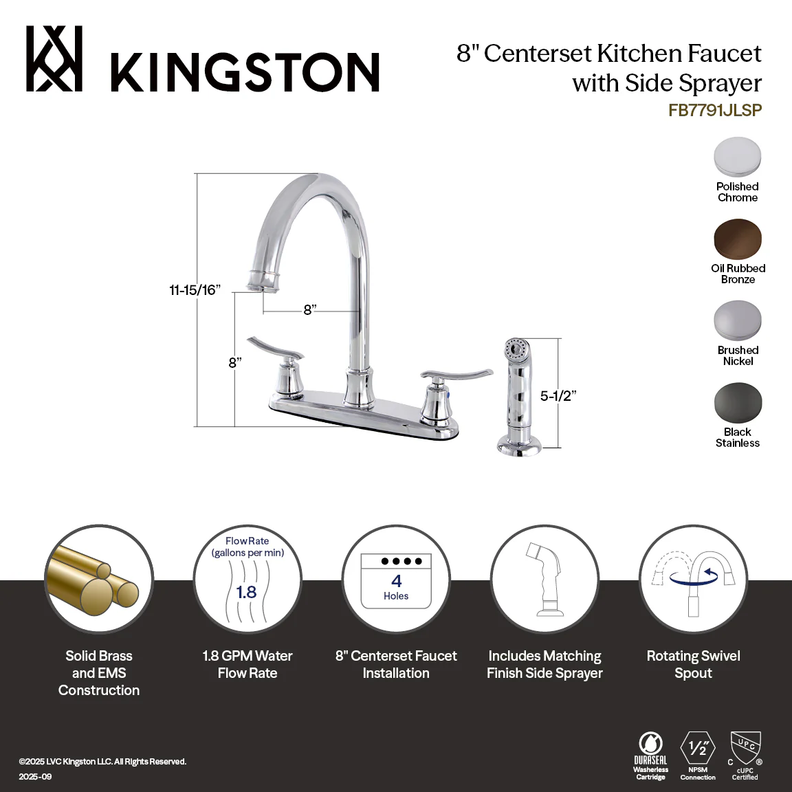 Kingston Tulare FB7795JLSP - Jamestown Two-Handle 4-Hole 8" Centerset Kitchen Faucet with Side Sprayer, Oil Rubbed Bronze - Image 3