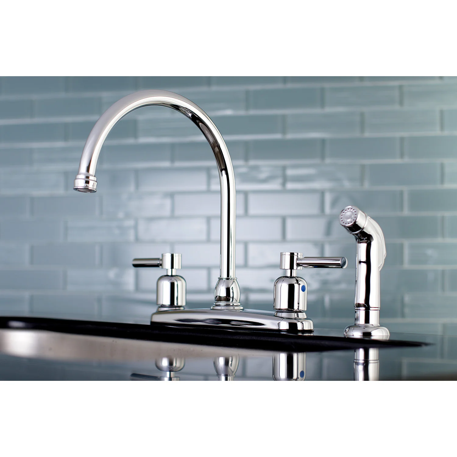 Kingston Tulare FB791DLSP - Concord Two-Handle 4-Hole 8" Centerset Kitchen Faucet with Side Sprayer, Polished Chrome - Image 2