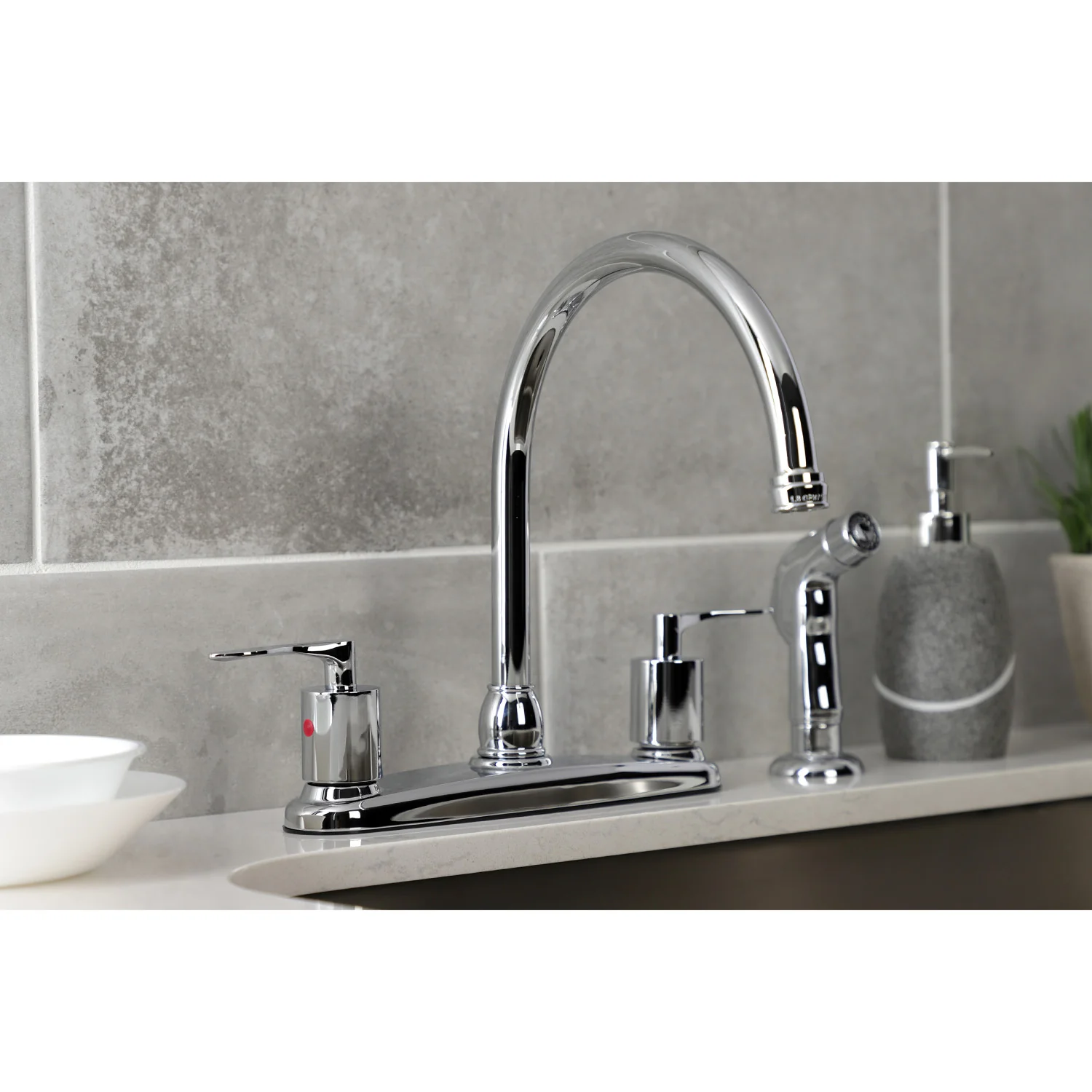 Kingston Tulare FB791SVLSP - Serena Two-Handle 4-Hole 8" Centerset Kitchen Faucet with Side Sprayer, Polished Chrome - Image 2