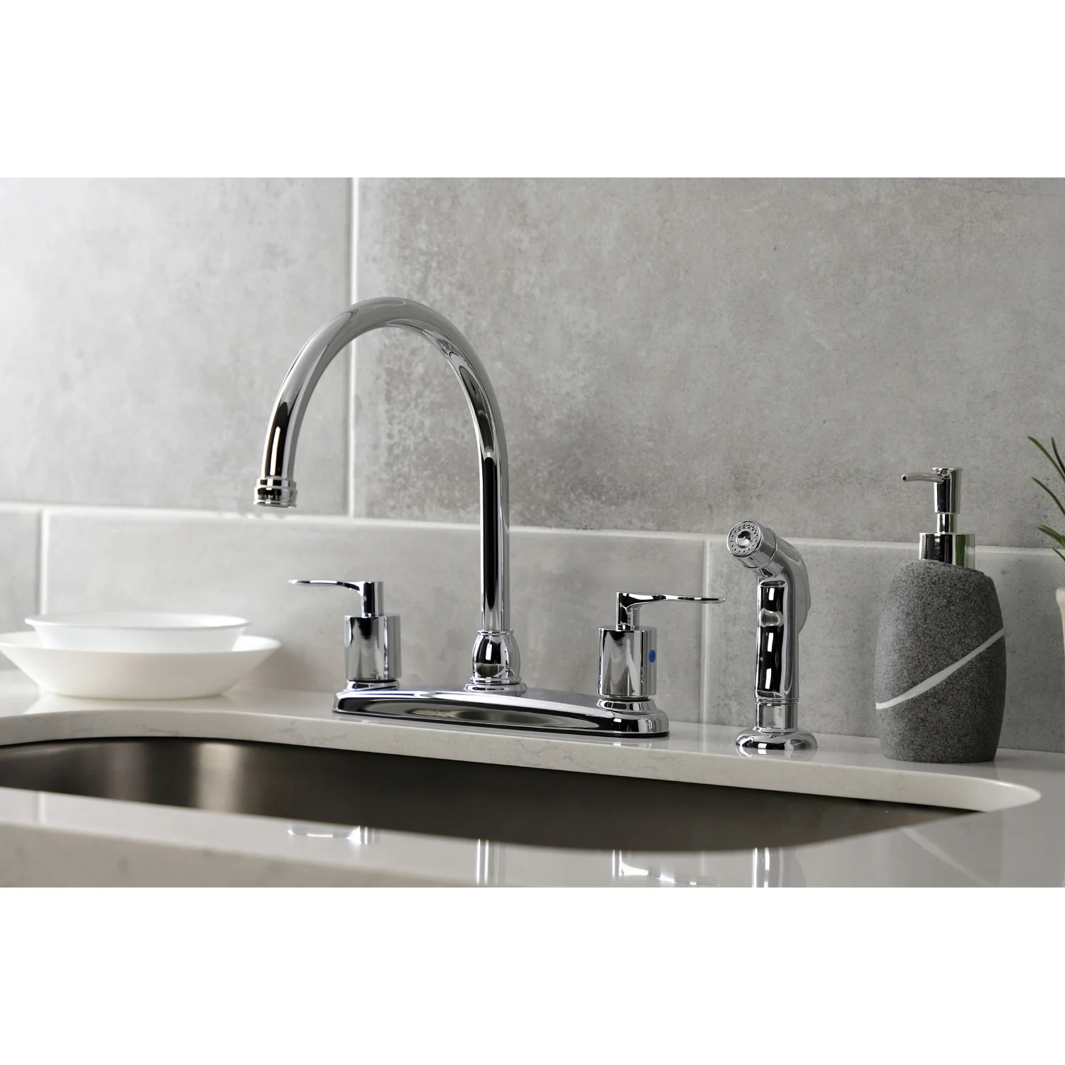Kingston Tulare FB791SVLSP - Serena Two-Handle 4-Hole 8" Centerset Kitchen Faucet with Side Sprayer, Polished Chrome - Image 3