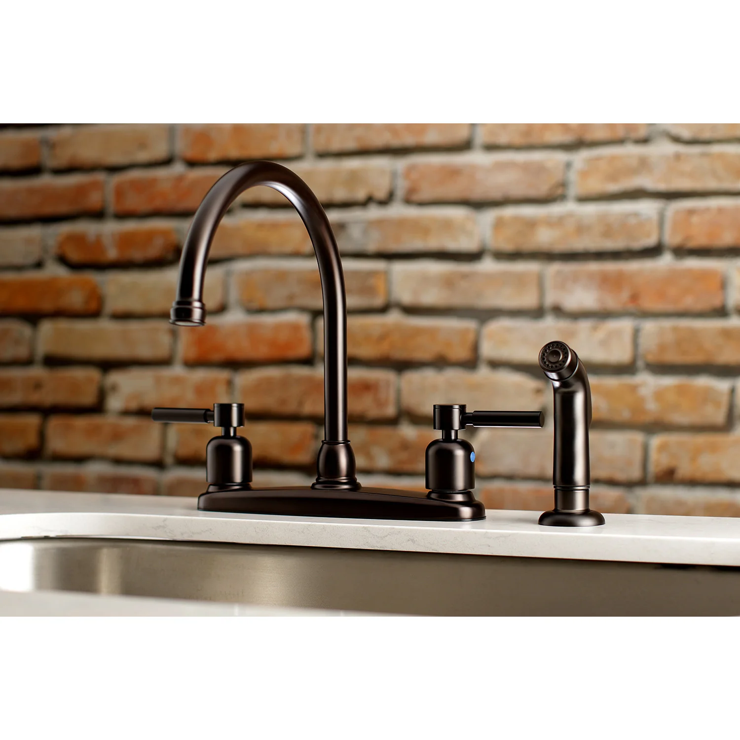 Kingston Tulare FB795DLSP - Concord Two-Handle 4-Hole 8" Centerset Kitchen Faucet with Side Sprayer, Oil Rubbed Bronze - Image 2