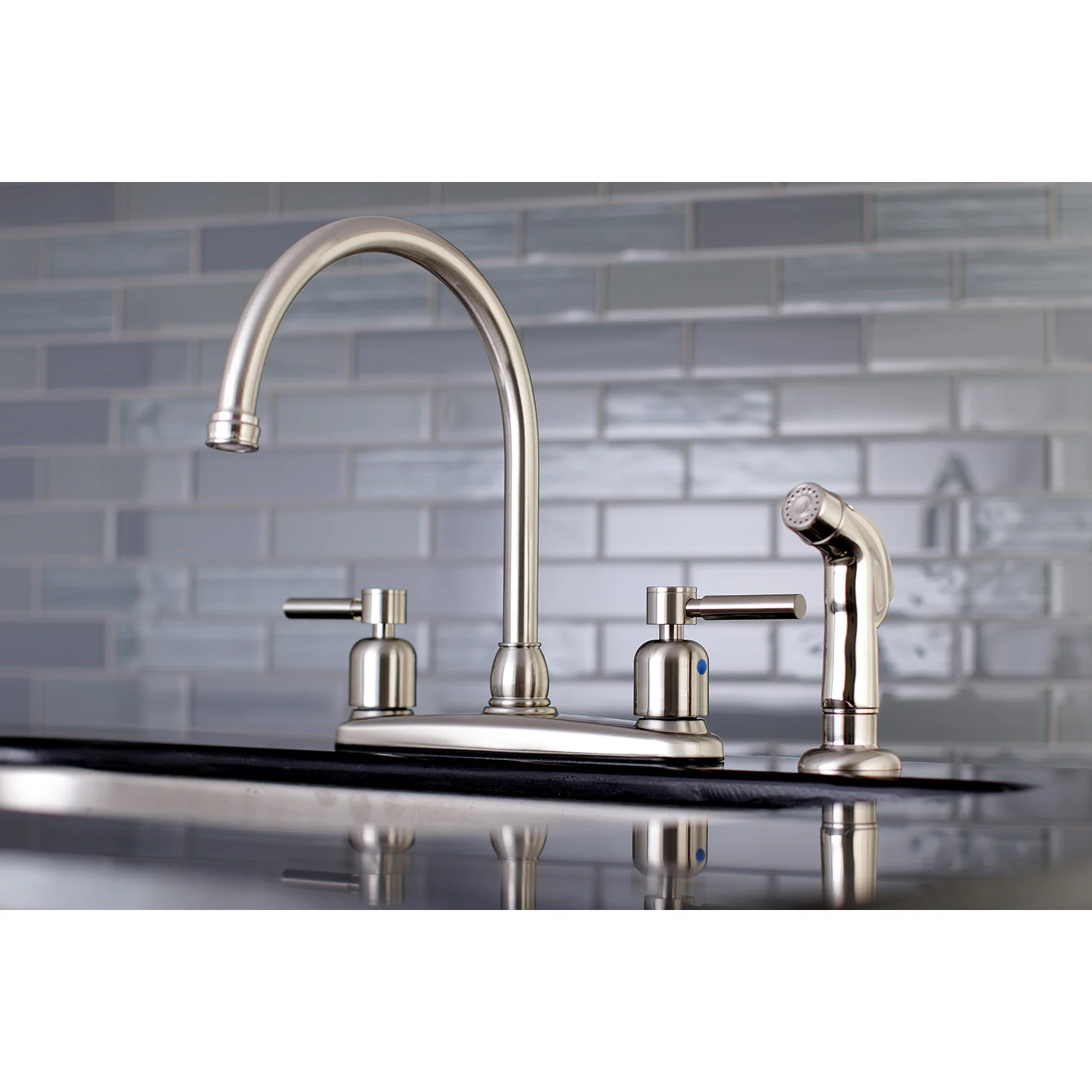 Kingston Tulare FB798DLSP - Concord Two-Handle 4-Hole 8" Centerset Kitchen Faucet with Side Sprayer, Brushed Nickel - Image 2