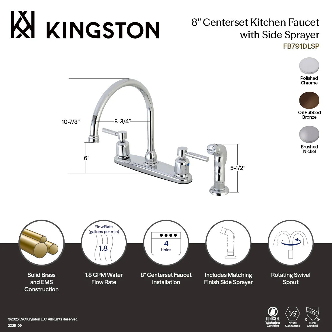Kingston Tulare FB798DLSP - Concord Two-Handle 4-Hole 8" Centerset Kitchen Faucet with Side Sprayer, Brushed Nickel - Image 3
