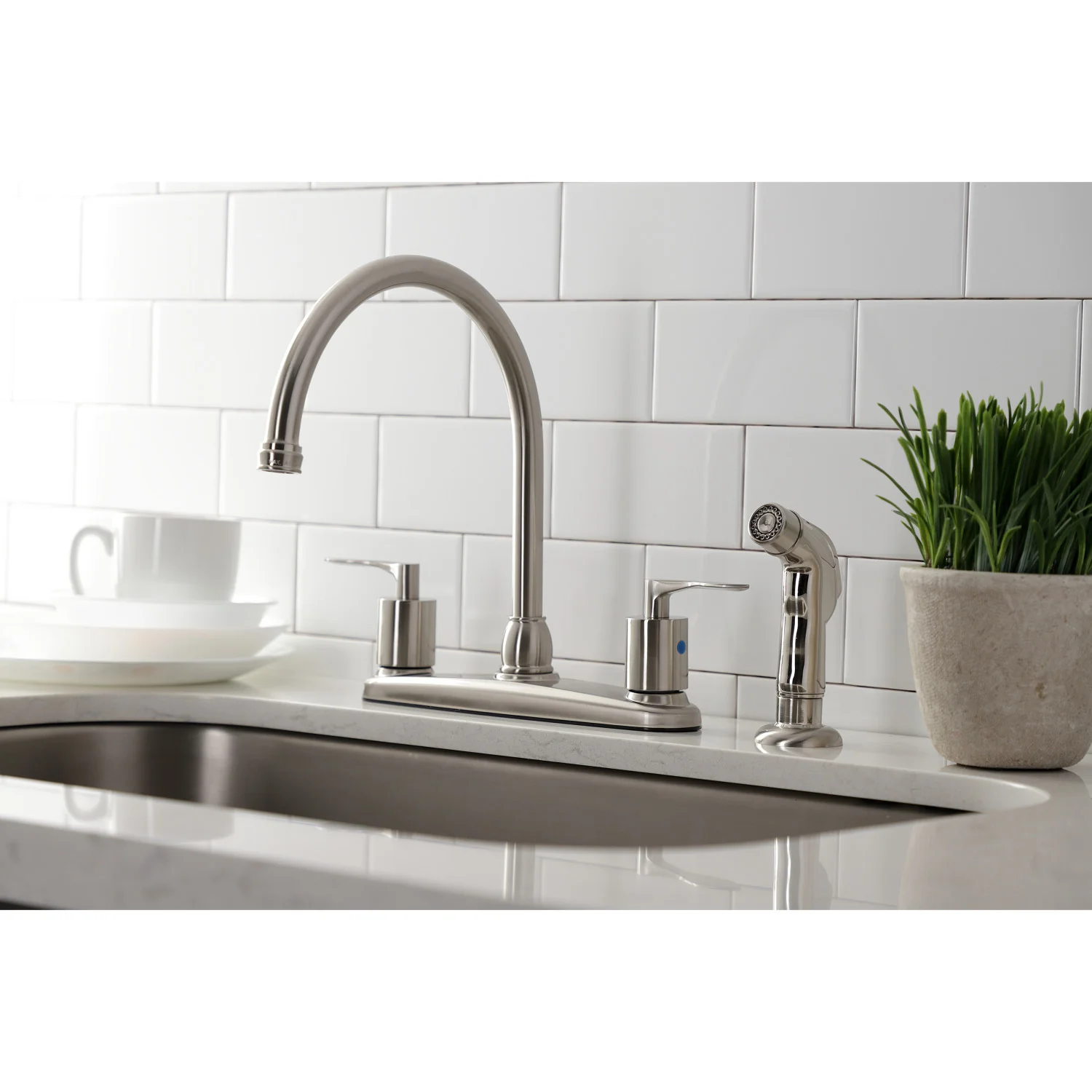 Kingston Tulare FB798SVLSP - Serena Two-Handle 4-Hole 8" Centerset Kitchen Faucet with Side Sprayer, Brushed Nickel - Image 5