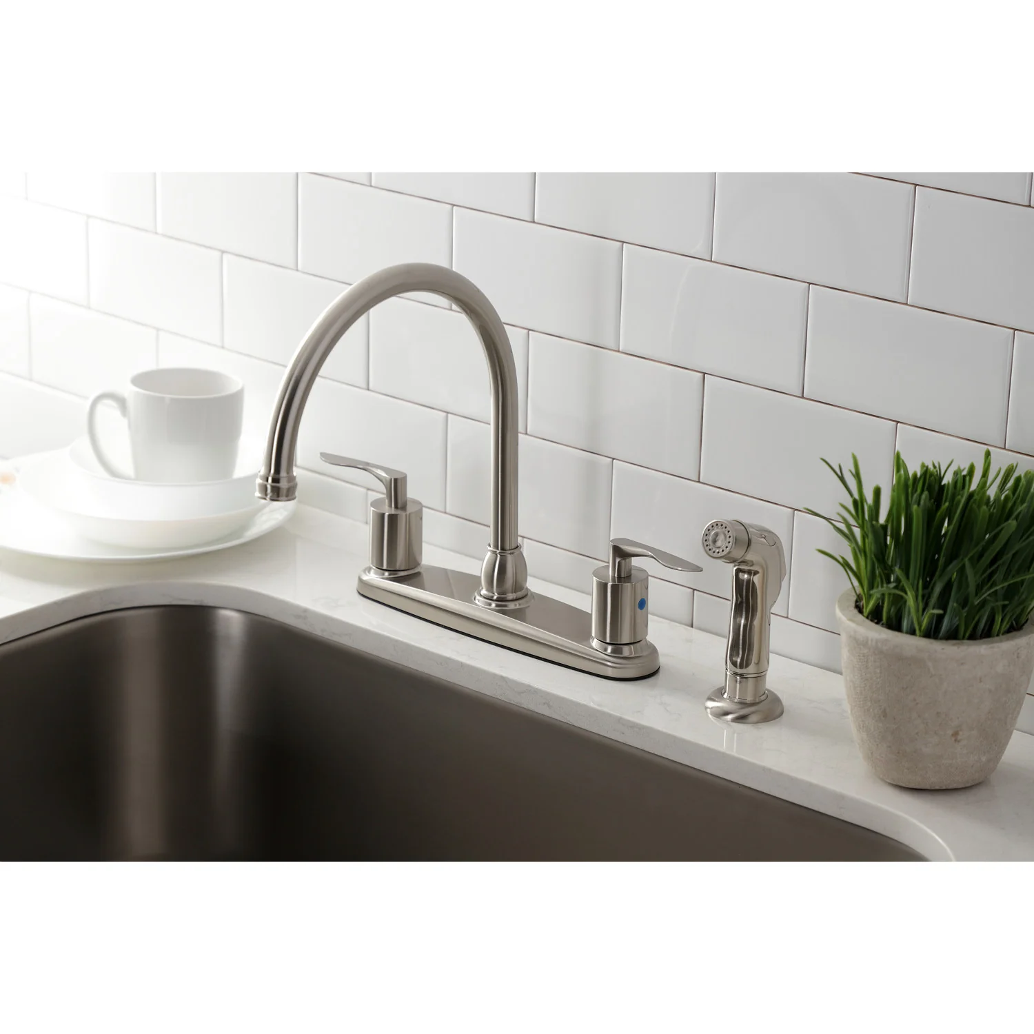 Kingston Tulare FB798SVLSP - Serena Two-Handle 4-Hole 8" Centerset Kitchen Faucet with Side Sprayer, Brushed Nickel - Image 6