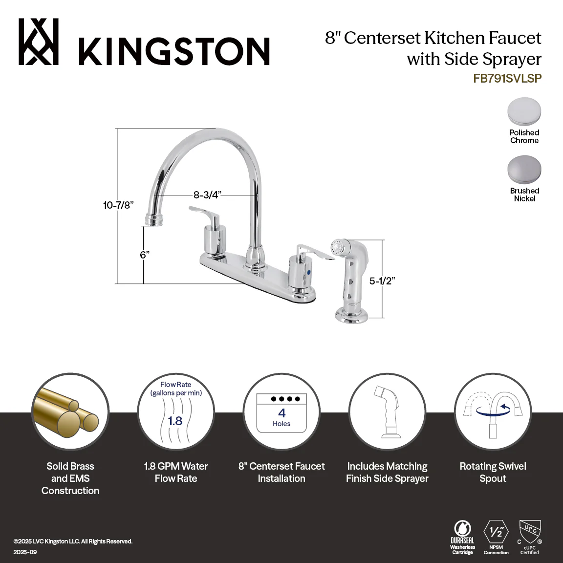 Kingston Tulare FB798SVLSP - Serena Two-Handle 4-Hole 8" Centerset Kitchen Faucet with Side Sprayer, Brushed Nickel - Image 7