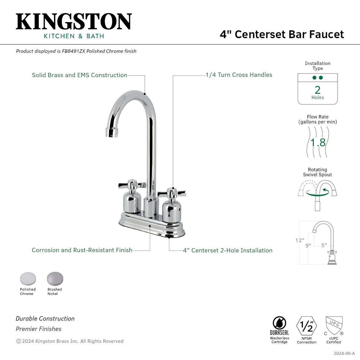 Kingston Tulare FB8491ZX - Millennium Two-Handle 2-Hole Deck Mount Bar Faucet, Polished Chrome - Image 2
