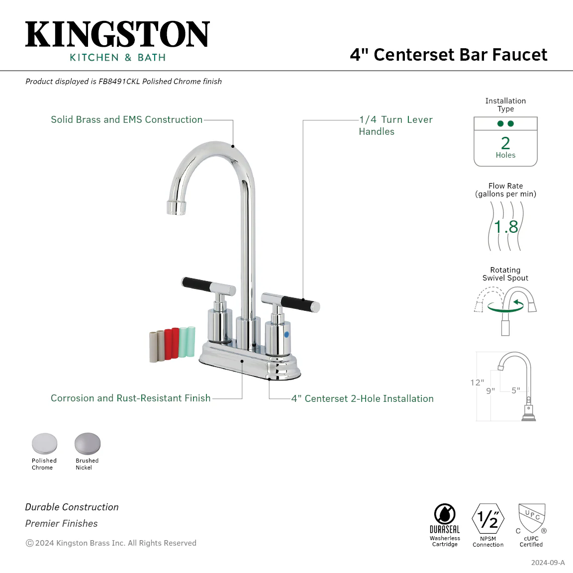 Kingston Tulare FB8498CKL - Kaiser Two-Handle 2-Hole Deck Mount Bar Faucet, Brushed Nickel - Image 2