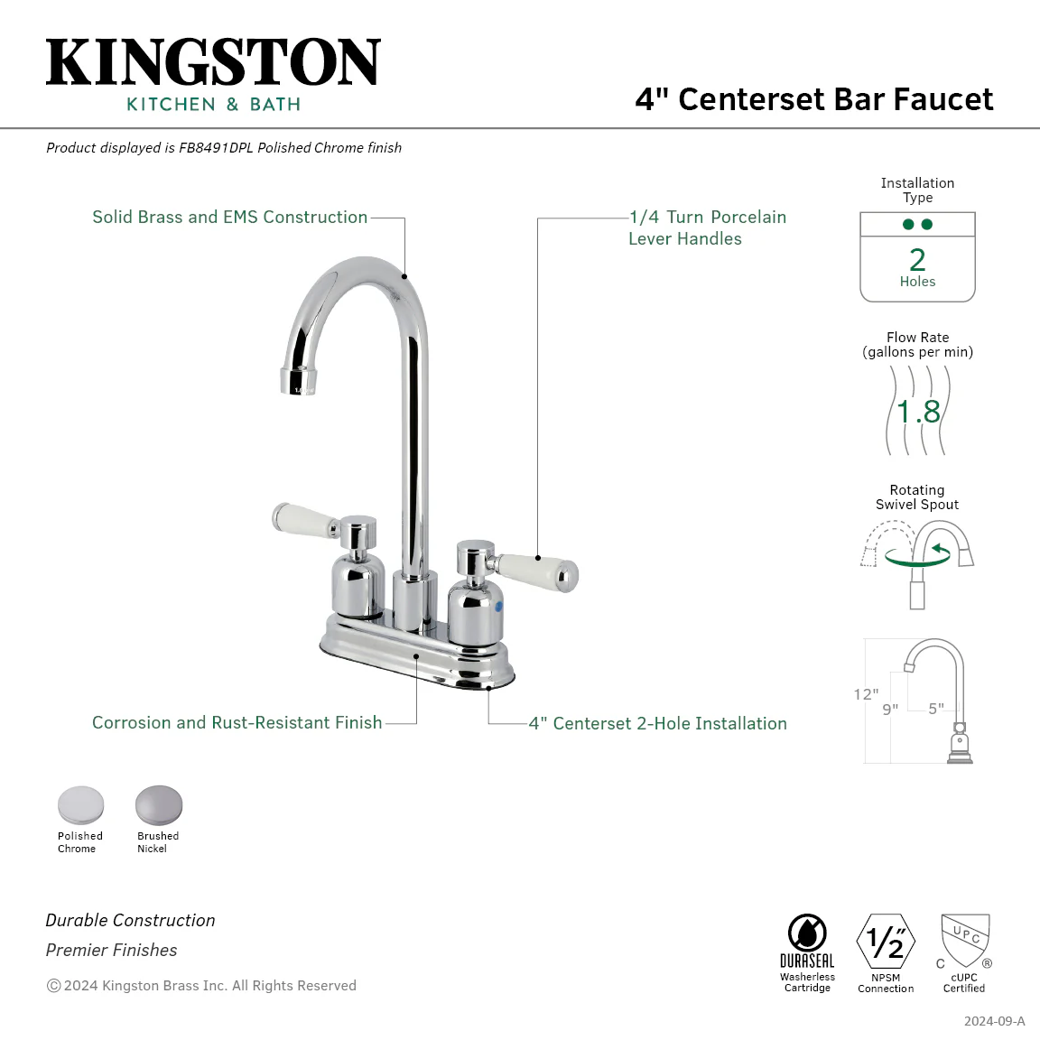 Kingston Tulare FB8498DPL - Paris Two-Handle 2-Hole Deck Mount Bar Faucet, Brushed Nickel - Image 2